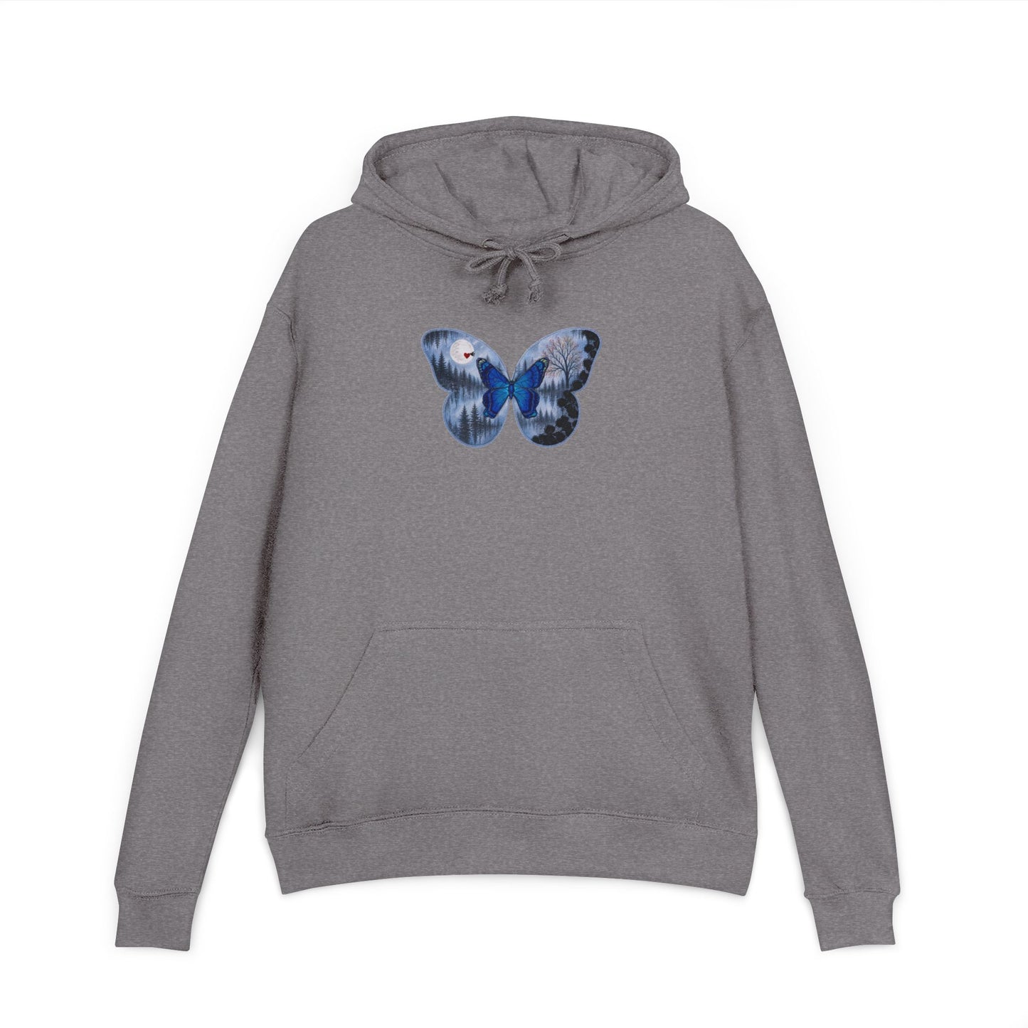 Gray hoodie with a blue butterfly design on a white background