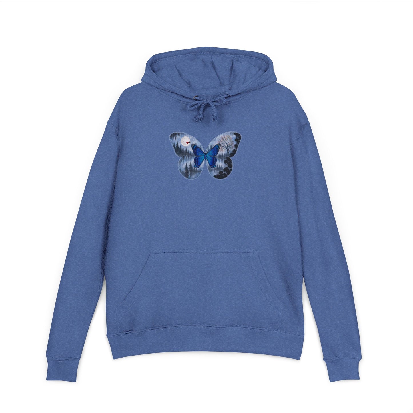 Blue hoodie with a butterfly design on a white background