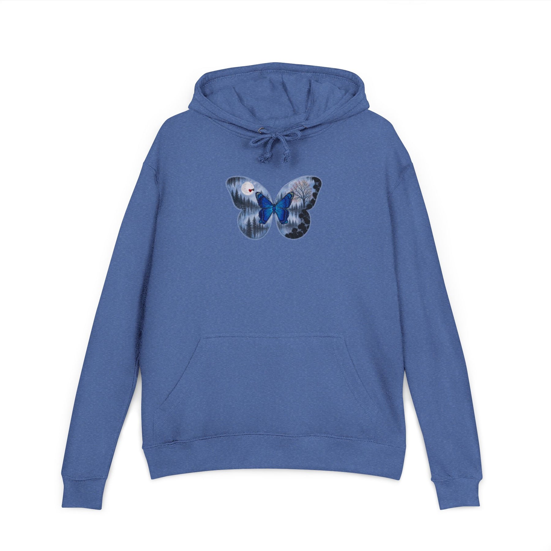 Blue hoodie with a butterfly design on a white background