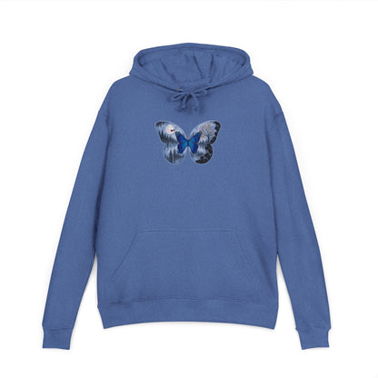 Blue hoodie with a butterfly design on a white background