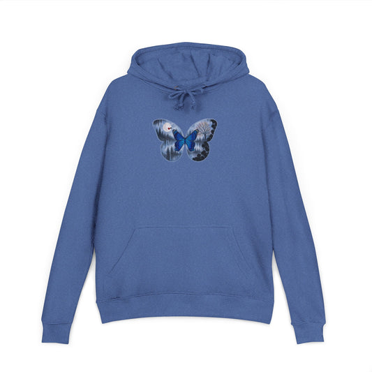 Blue hoodie with a butterfly design on a white background