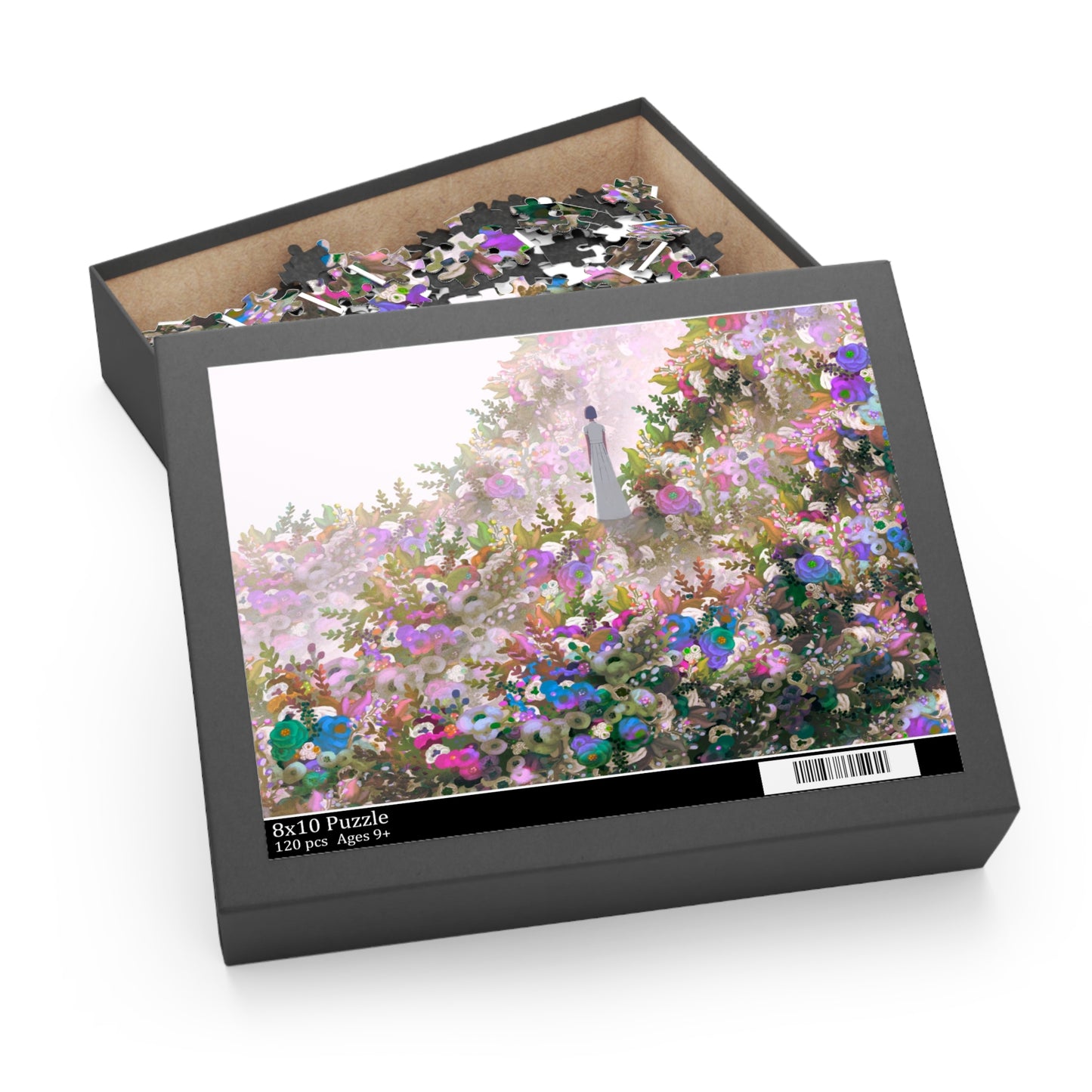 Jigsaw puzzle with a woman standing in a serene field of white, pink, blue and green flowers