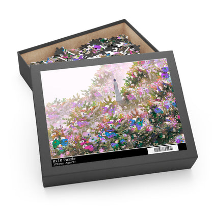 Jigsaw puzzle with a woman standing in a serene field of white, pink, blue and green flowers