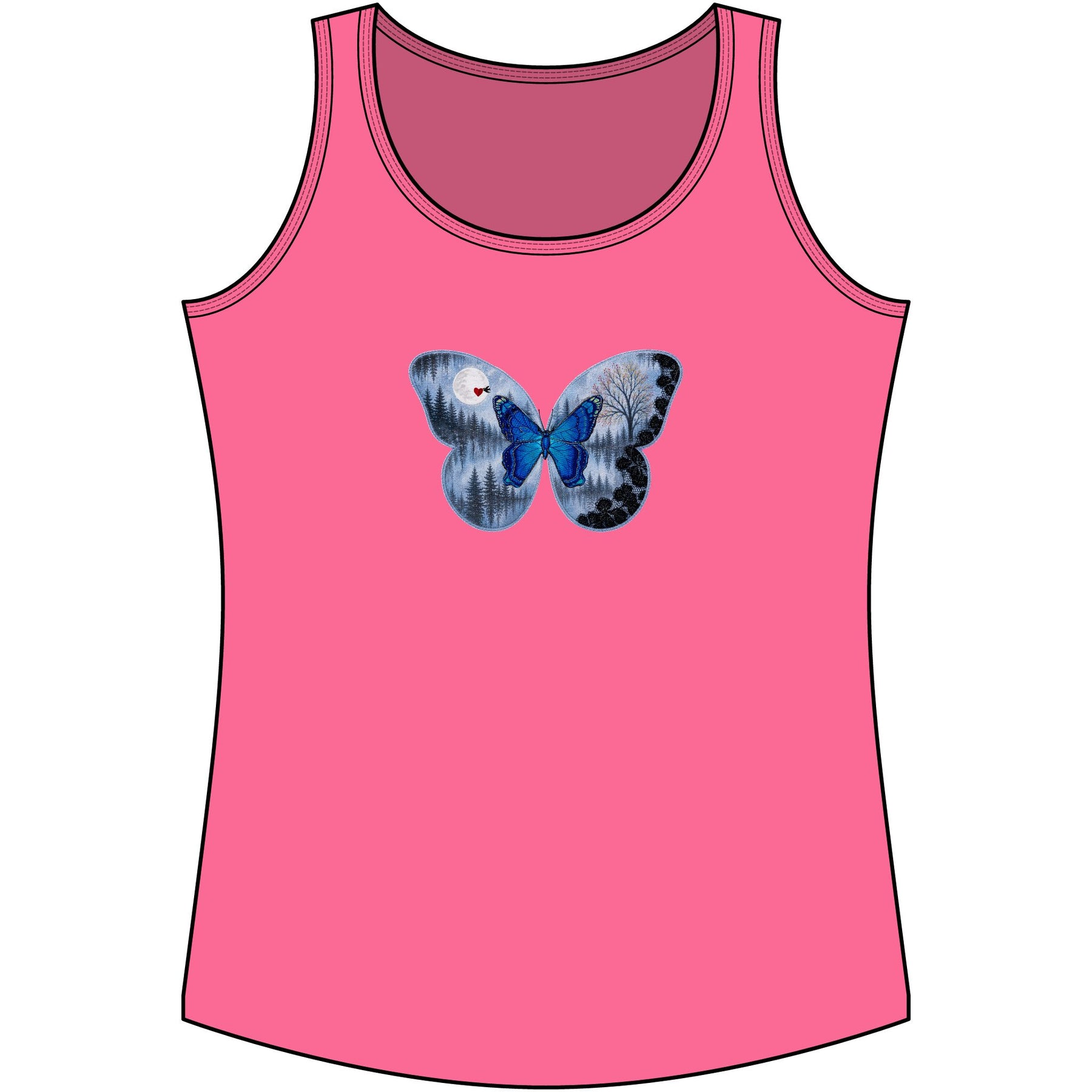 Pink tank top with a blue butterfly design on a white background