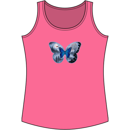 Pink tank top with a blue butterfly design on a white background