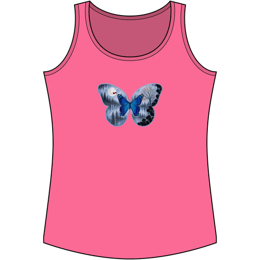 Pink tank top with a blue butterfly design on a white background