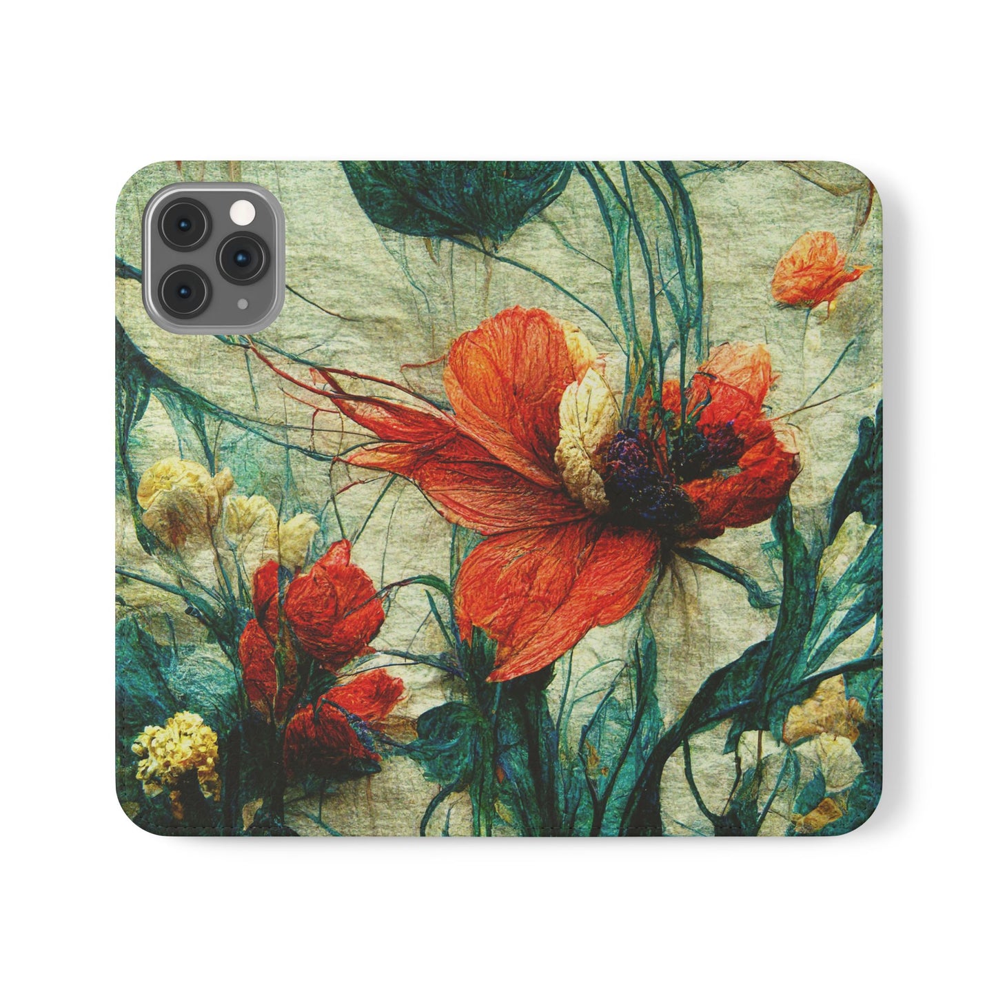 Red Flower Flip Wallet Phone Cases -- with card slots