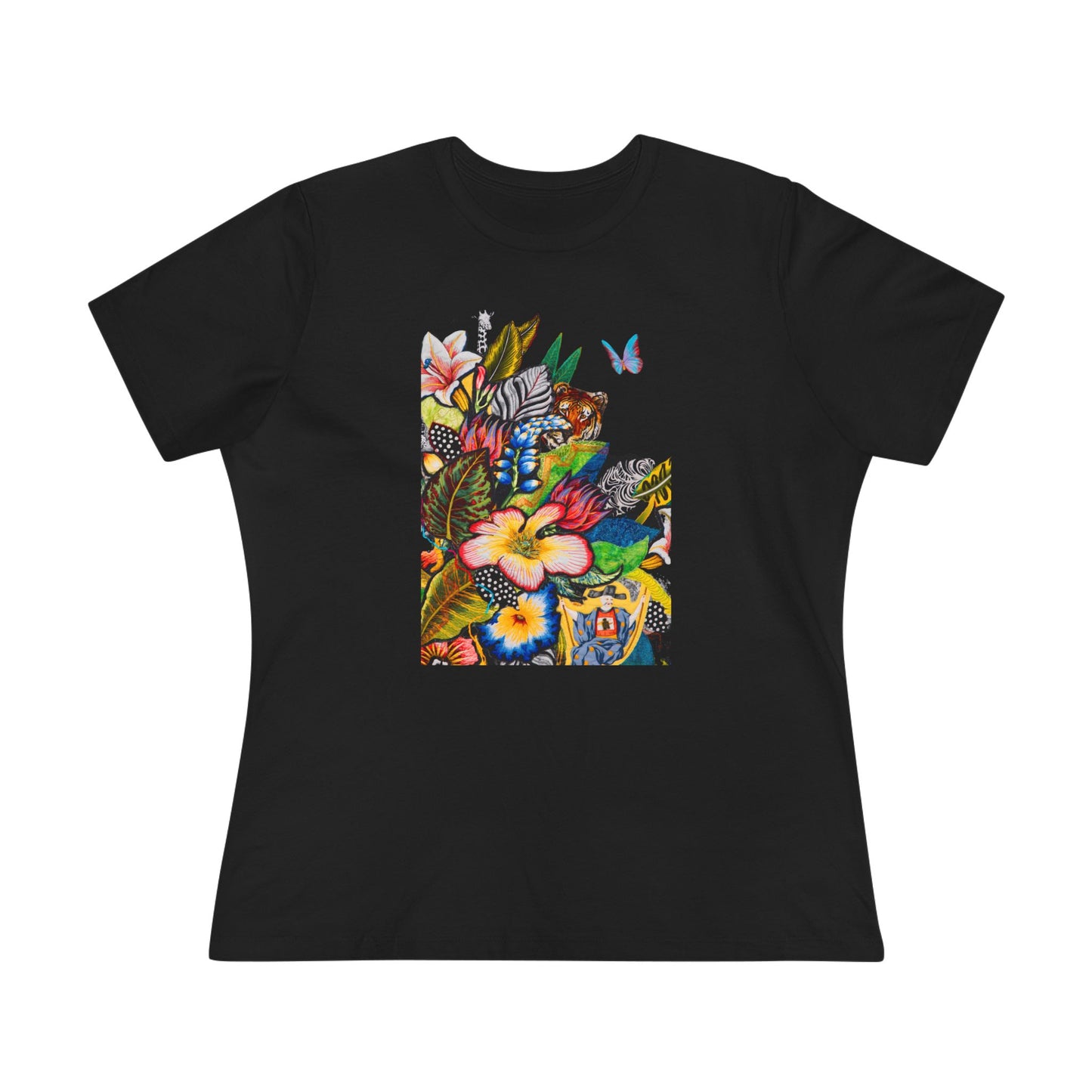 Black t-shirt with a colorful animal and floral design 