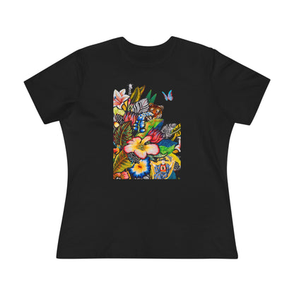Black t-shirt with a colorful animal and floral design 