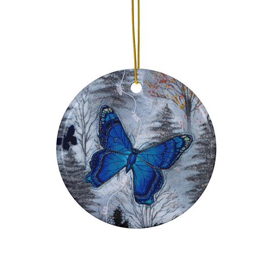 Round ceramic ornament with a blue butterfly design 