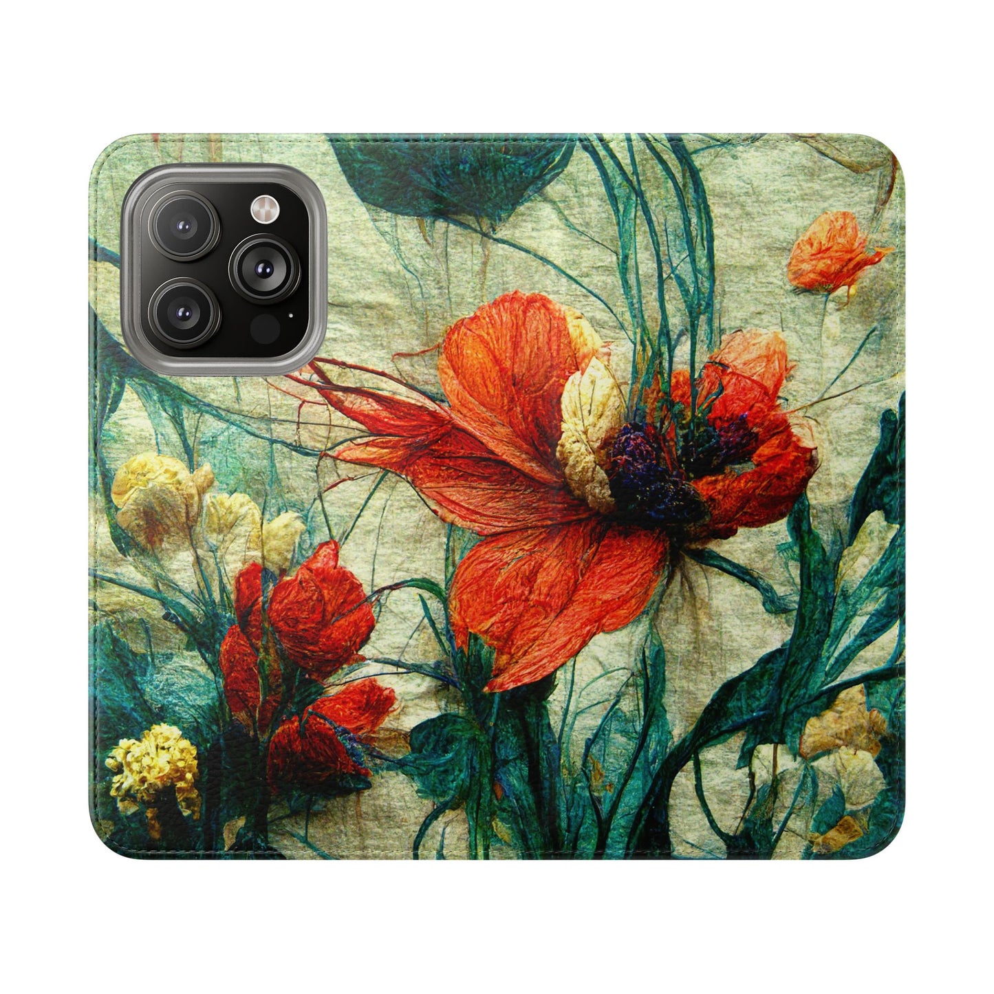 Red Flower Flip Wallet Phone Cases -- with card slots