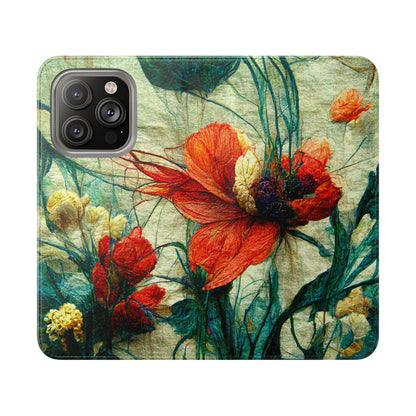 Red Flower Flip Wallet Phone Cases -- with card slots