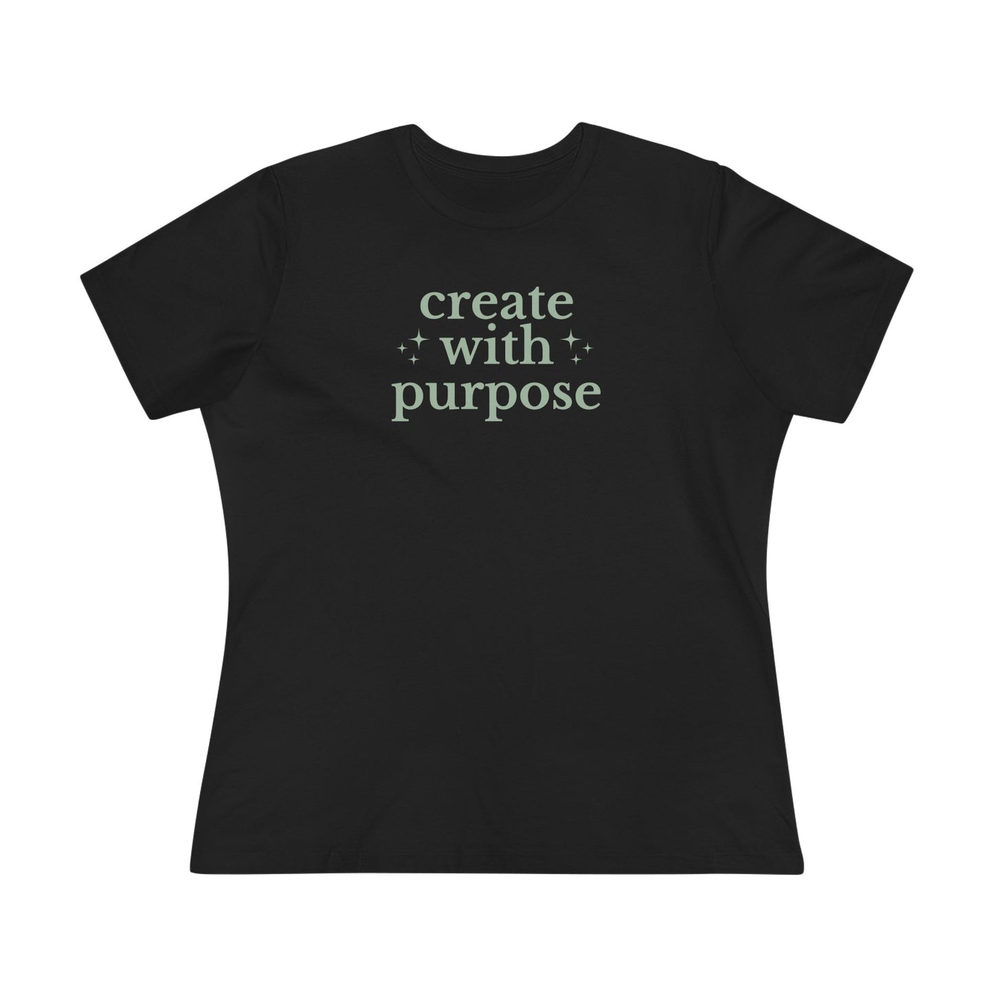 Black t-shirt with 'create with purpose' text on a white background