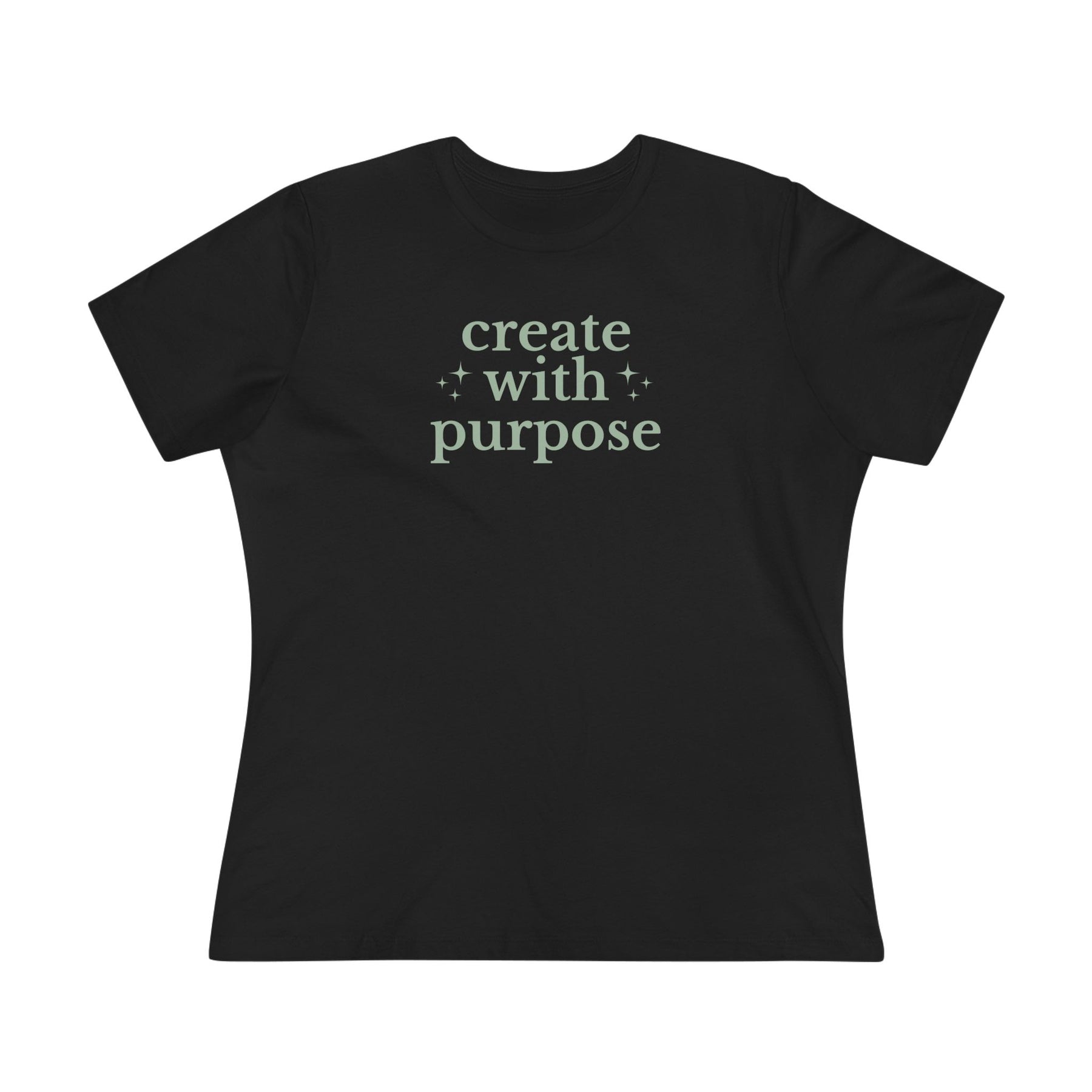 Black t-shirt with 'create with purpose' text on a white background