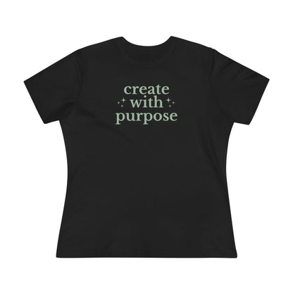 Black t-shirt with 'create with purpose' text on a white background