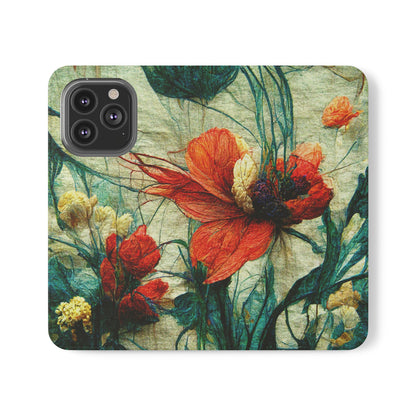 Red Flower Flip Wallet Phone Cases -- with card slots