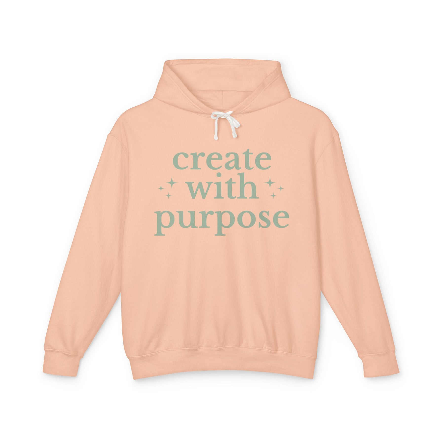 Peach hoodie with 'create with purpose' text 