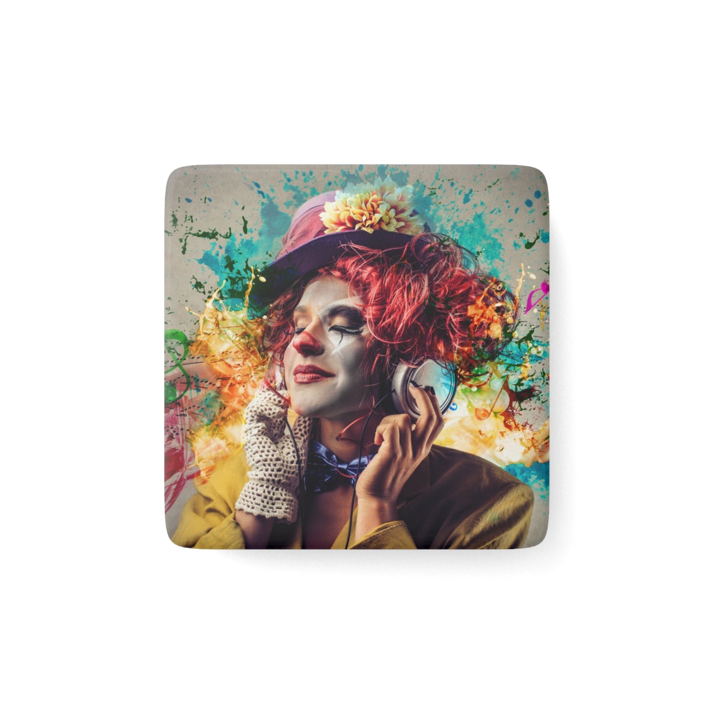 Colorful art print of a person with red hair and flowers 
