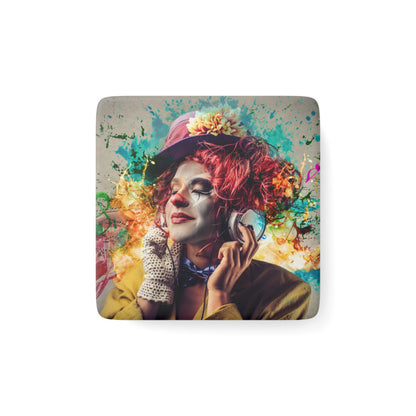 Colorful art print of a person with red hair and flowers 