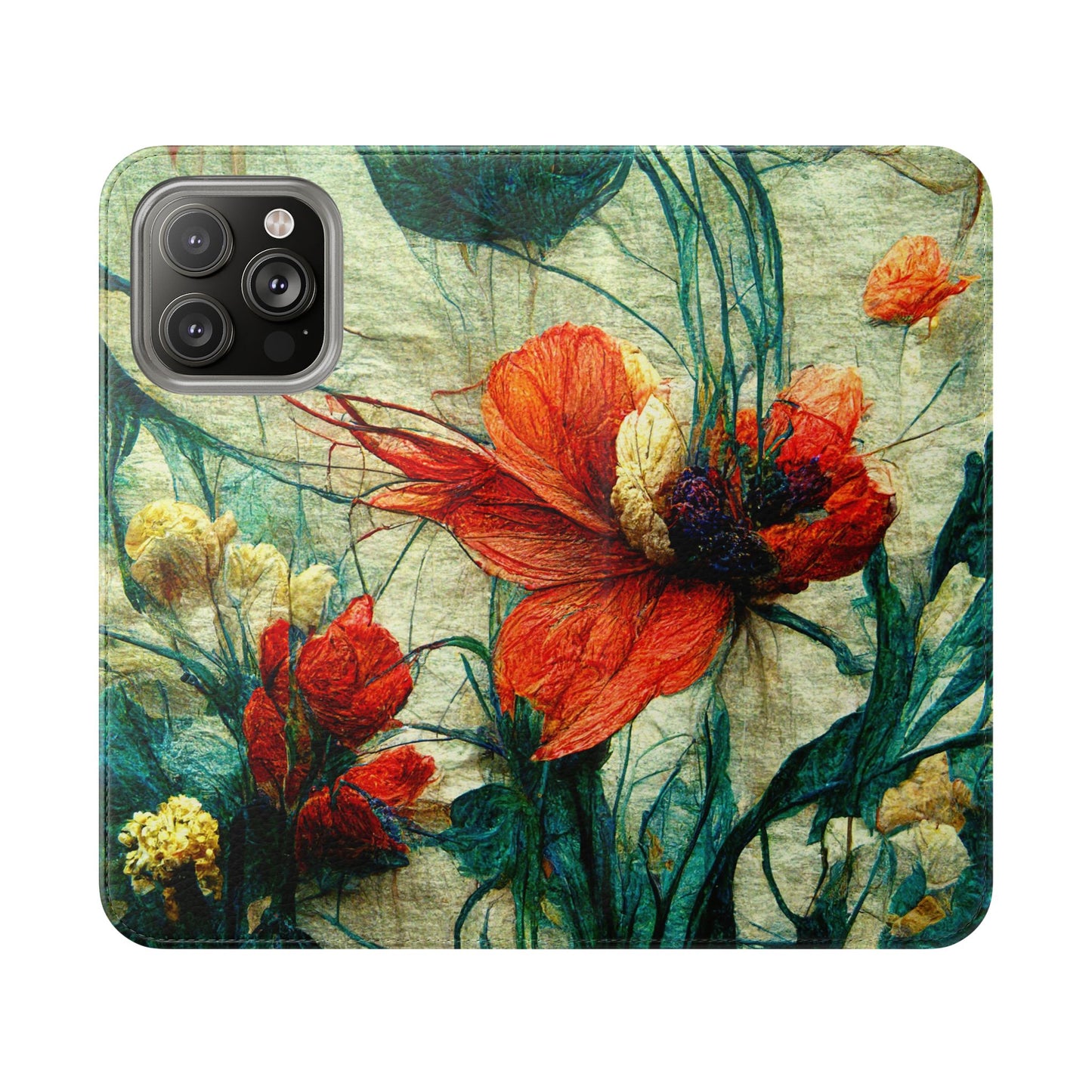 Red Flower Flip Wallet Phone Cases -- with card slots