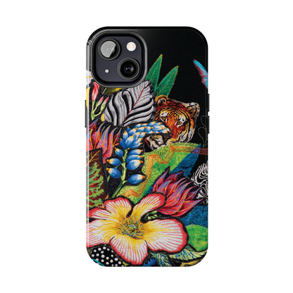 Phone case with a colorful design of a tiger, zebra, jungle and flowers on a black background