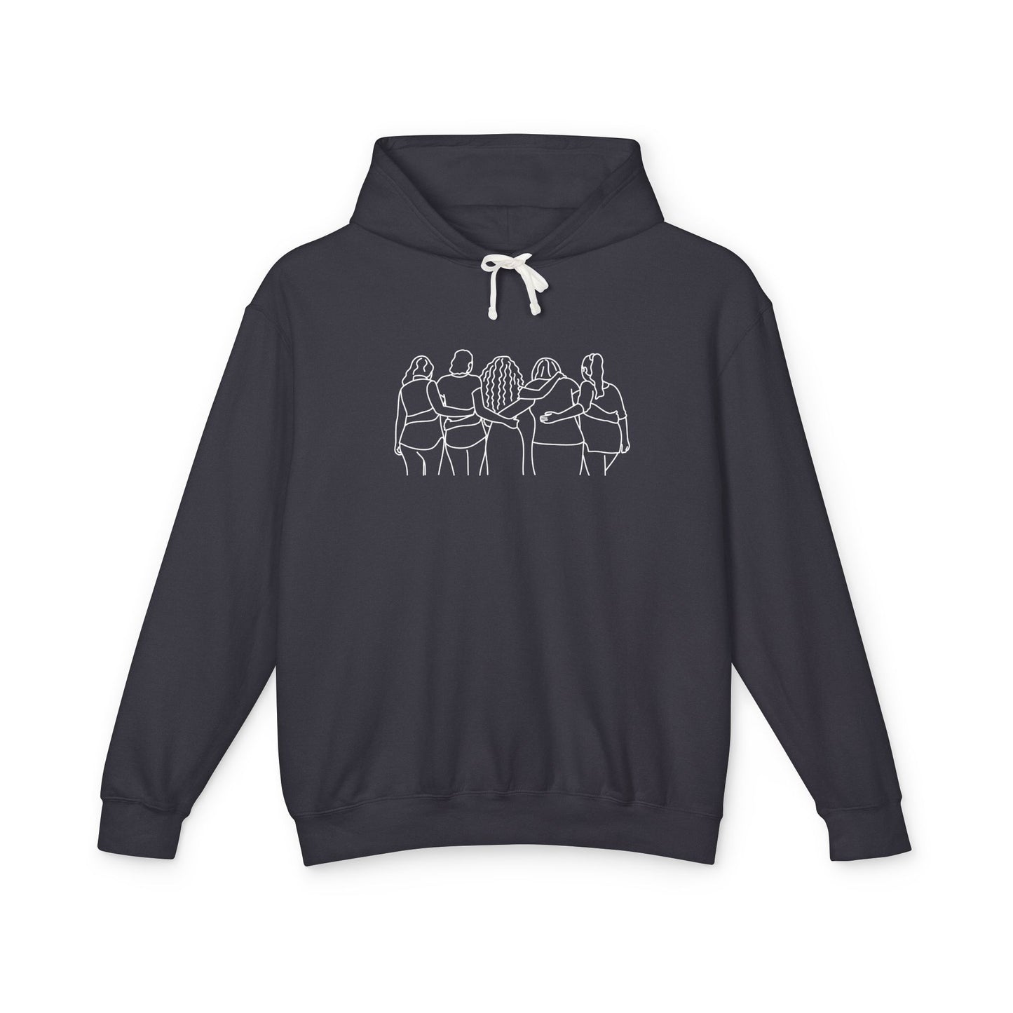 Navy hoodie with a design in white lines showing five women with different hair styles, arms linked