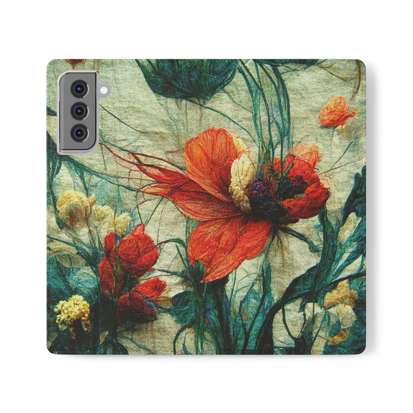 Red Flower Flip Wallet Phone Cases -- with card slots