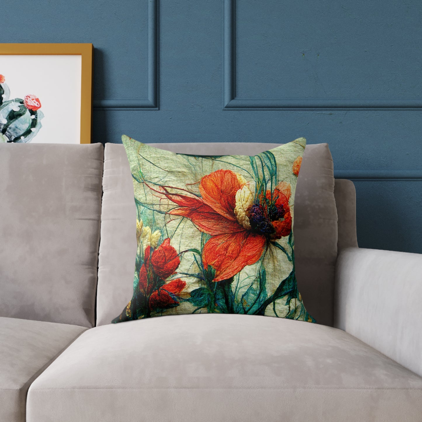 Red Flower Square Poly Canvas Pillow
