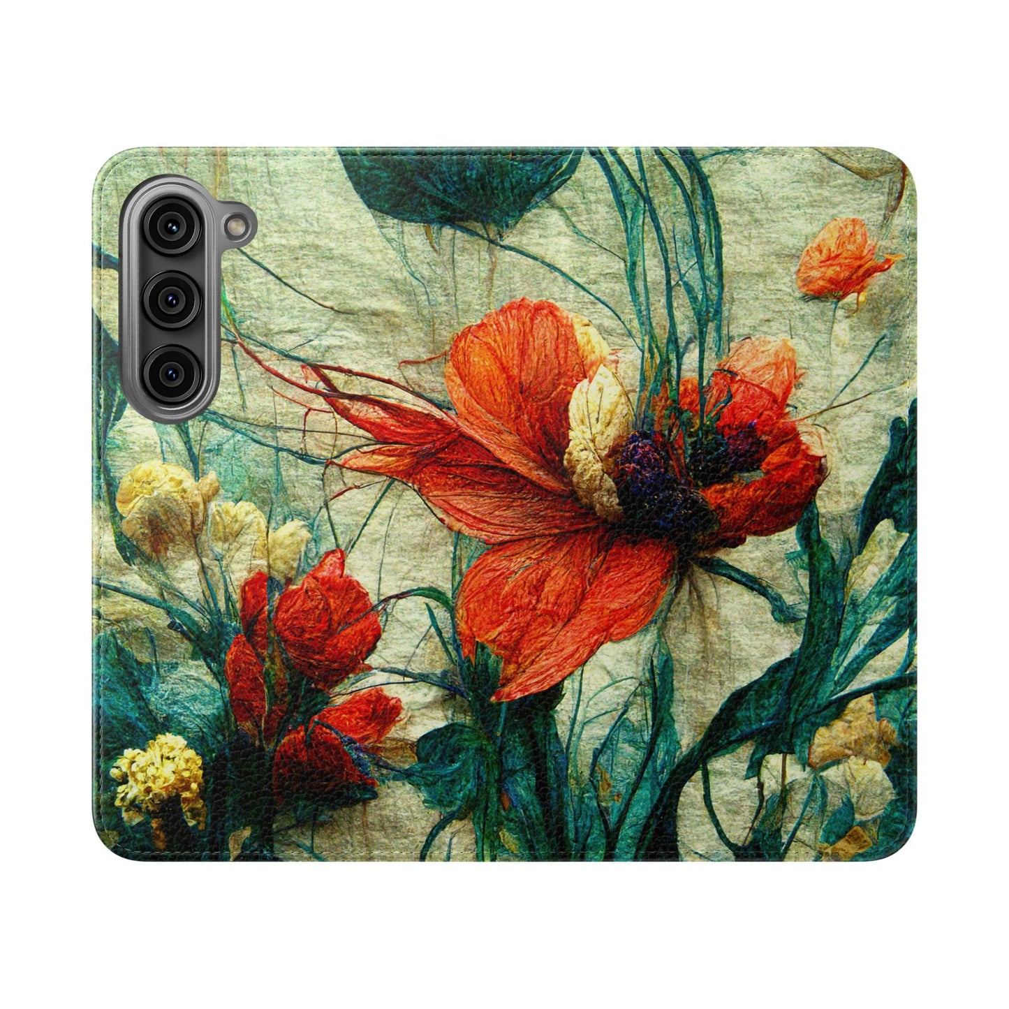 Red Flower Flip Wallet Phone Cases -- with card slots
