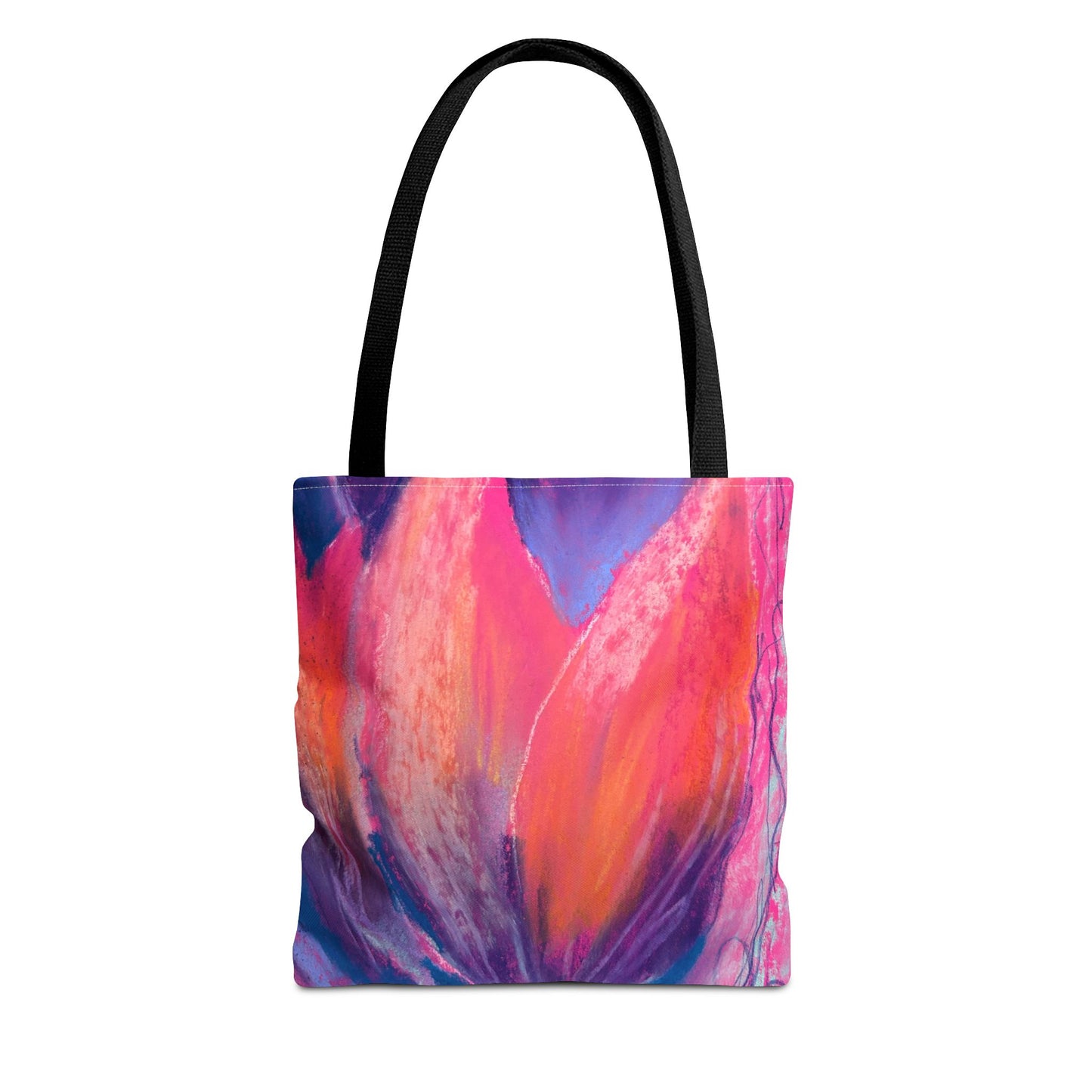 Tote bag with a pink and magenta colorful abstract design in the shape of large tulips