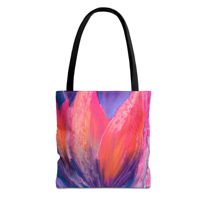 Tote bag with a pink and magenta colorful abstract design in the shape of large tulips