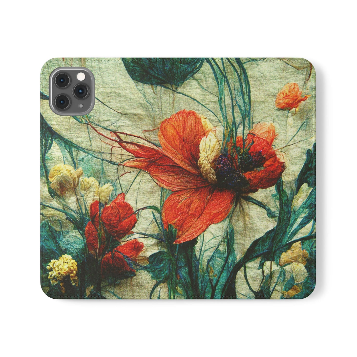 Red Flower Flip Wallet Phone Cases -- with card slots