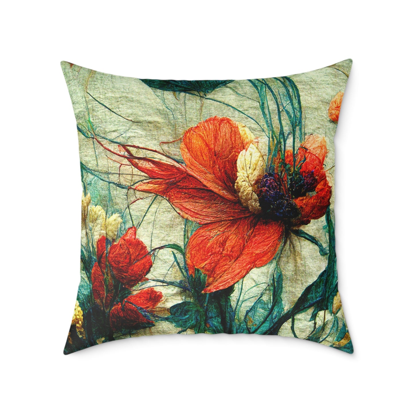 Red Flower Square Poly Canvas Pillow
