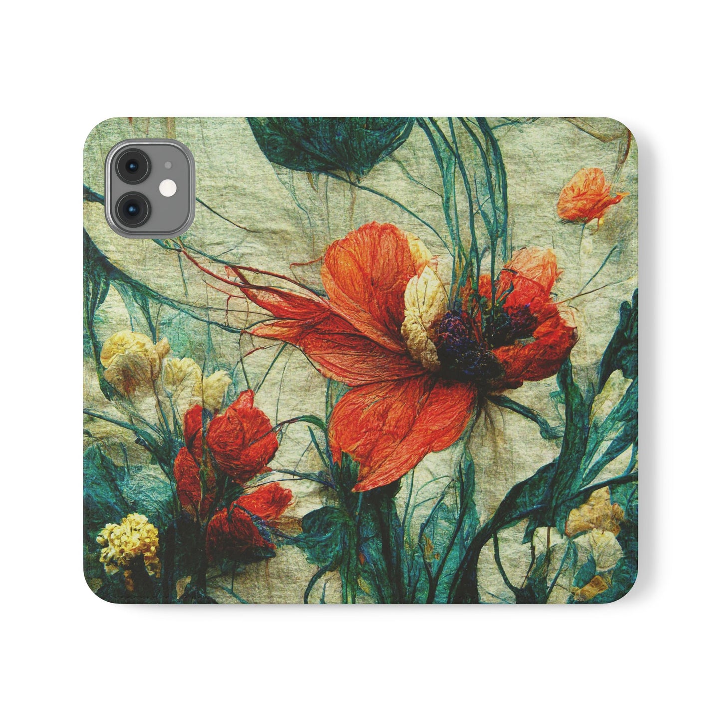 Red Flower Flip Wallet Phone Cases -- with card slots
