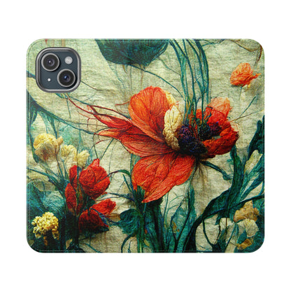 Red Flower Flip Wallet Phone Cases -- with card slots