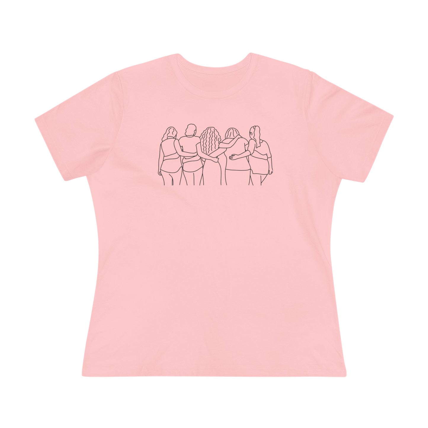 Pink t-shirt with a black line graphic of five women with different hair styles linking arms on a pink background