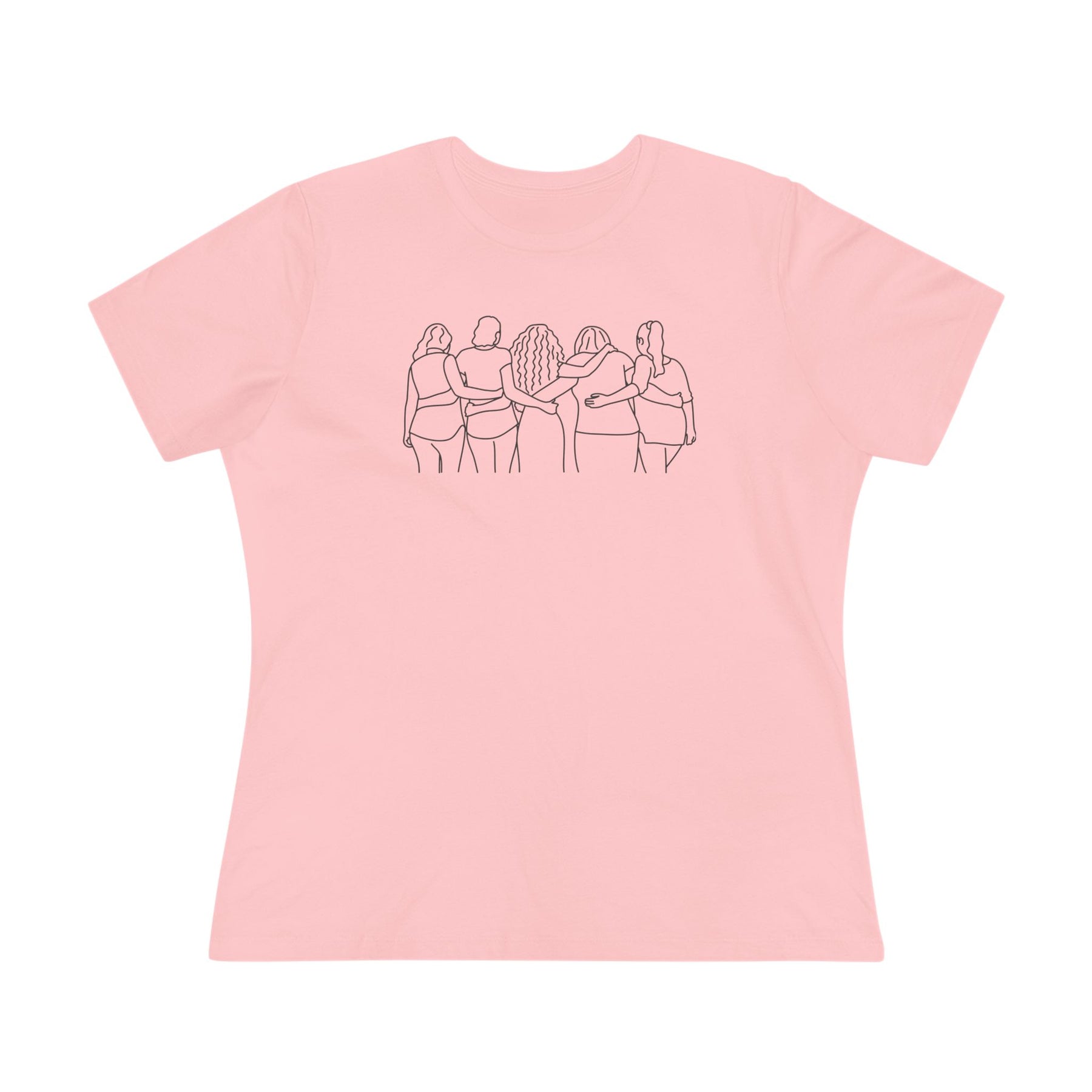Pink t-shirt with a black line graphic of five women with different hair styles linking arms on a pink background