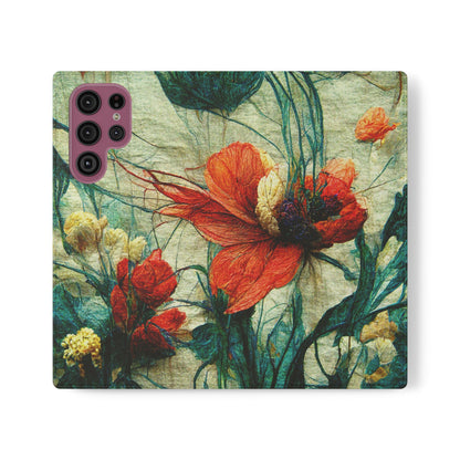 Red Flower Flip Wallet Phone Cases -- with card slots