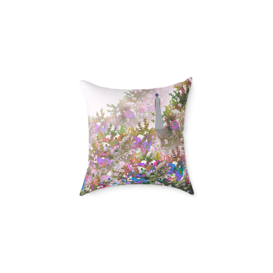 Decorative pillow with a woman standing in a field of pink, blue and green flowers on a hill