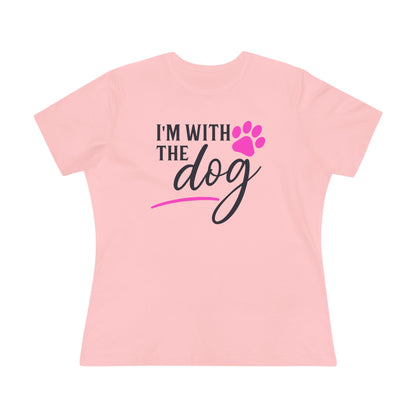 Pink t-shirt with 'I'm with the dog' in black text and paw print 