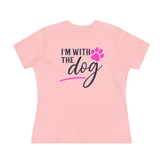 Pink t-shirt with 'I'm with the dog' in black text and paw print 
