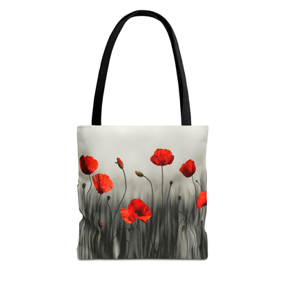 Tote bag with red poppy flower design on a white and gray background