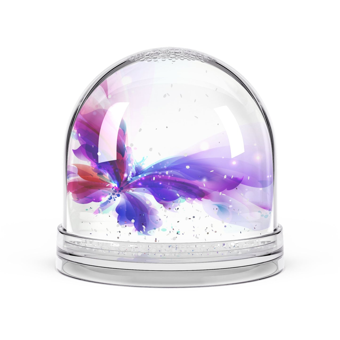 Glass dome with a colorful butterfly in purples and blues inside 