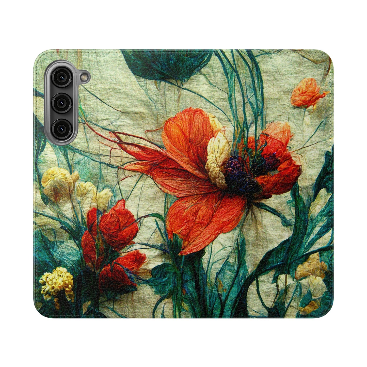 Red Flower Flip Wallet Phone Cases -- with card slots