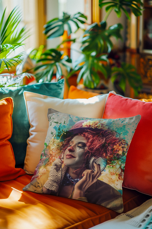 Decorative pillow on a couch showing a colorful artist  with earphones and  plants in the background