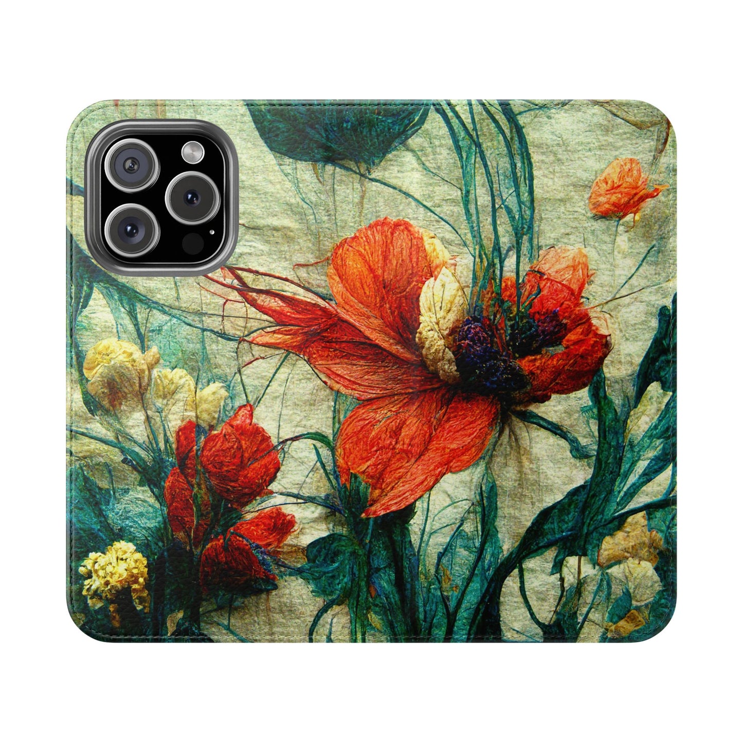 Red Flower Flip Wallet Phone Cases -- with card slots