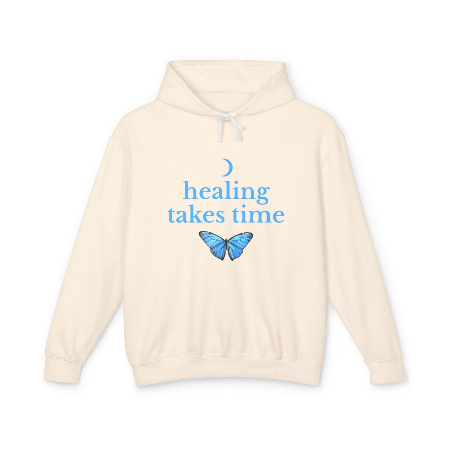 Beige hoodie with blue butterfly and text 'healing takes time' 