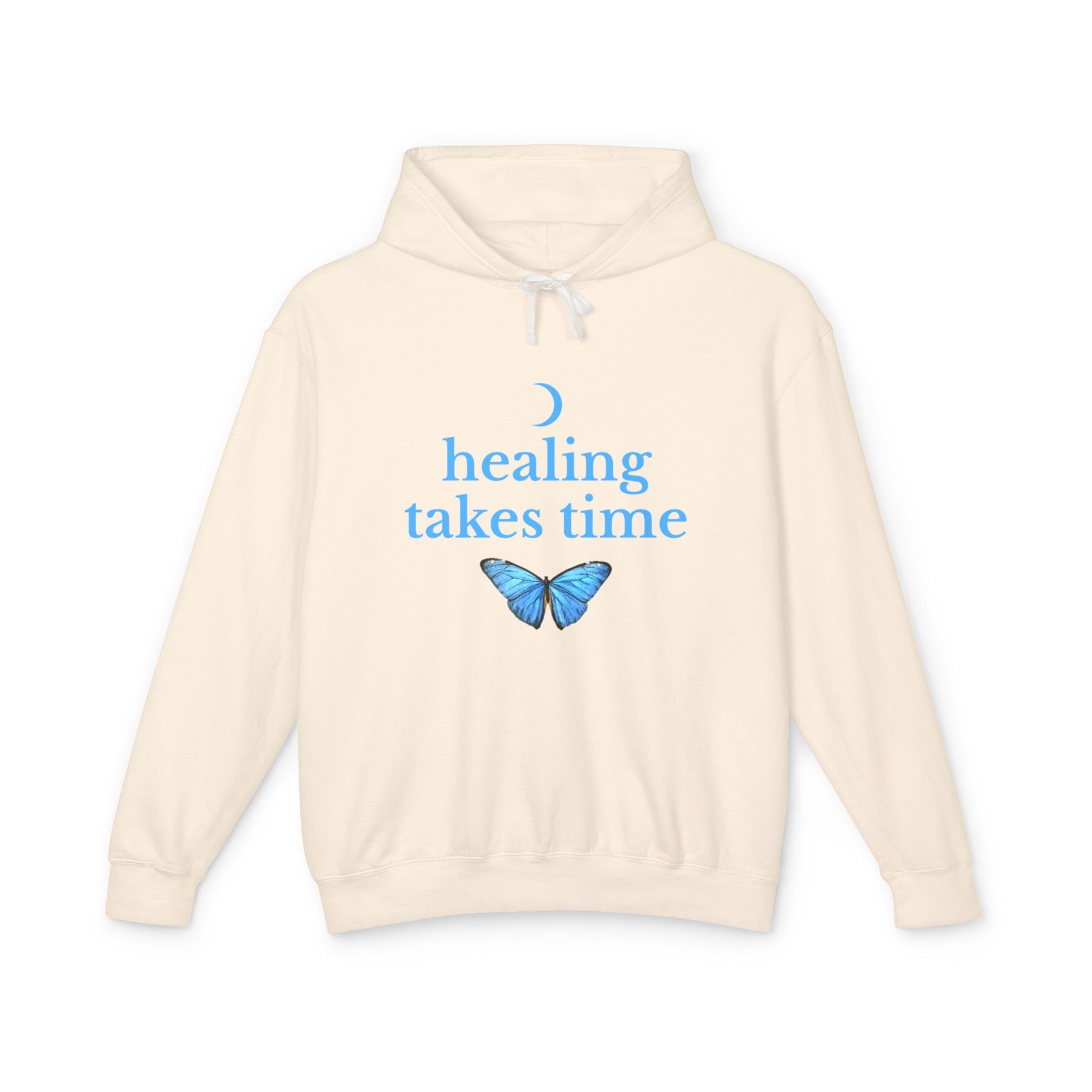 Beige hoodie with blue butterfly and text 'healing takes time' 