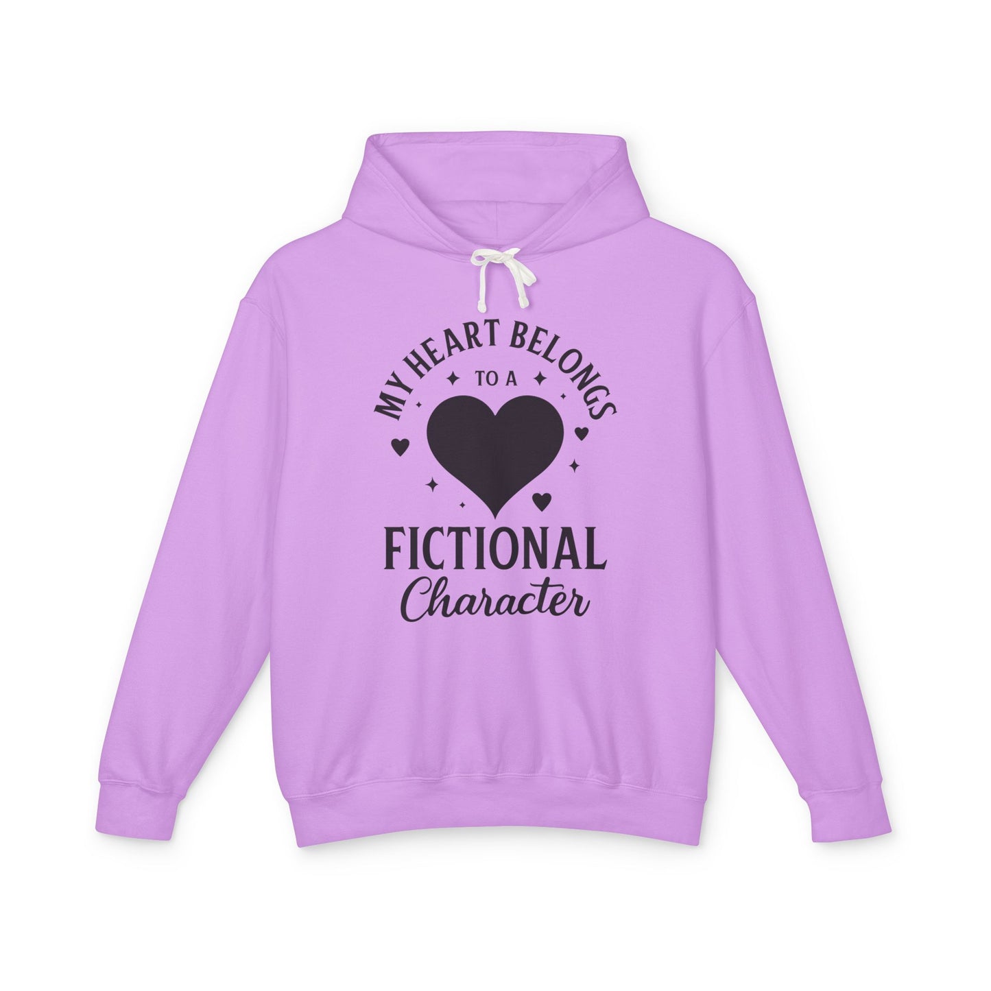 Purple hoodie with black text 'My heart belongs to a fictional character'