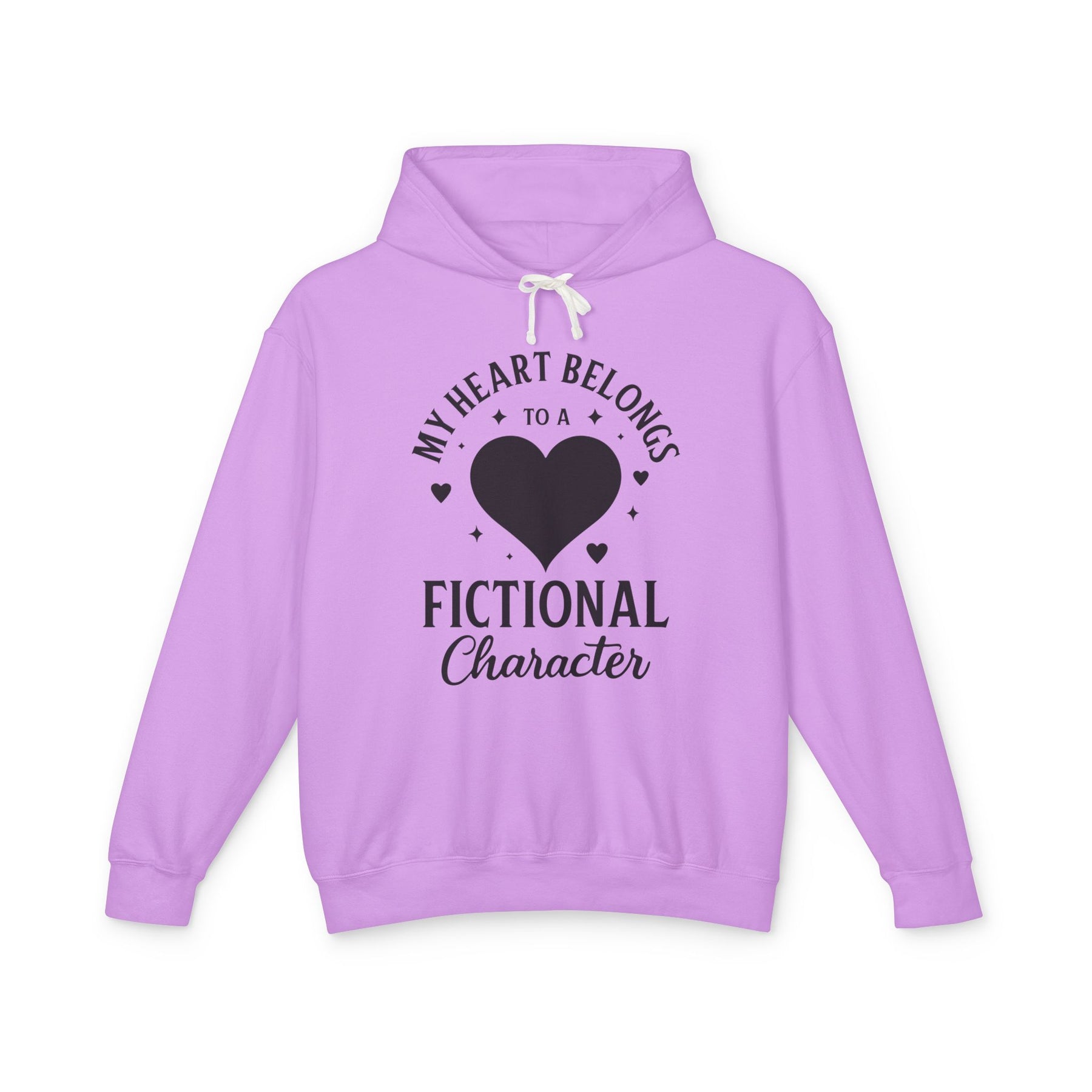 Purple hoodie with black text 'My heart belongs to a fictional character'